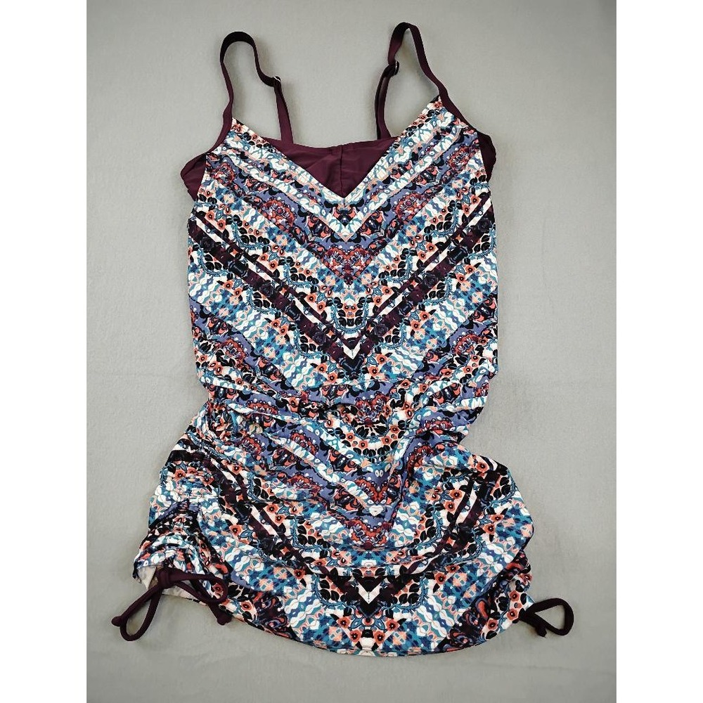 Athleta Tankini Swim Top Dress Boho Purple Geometric Floral Ruched 32 D/DD 54023